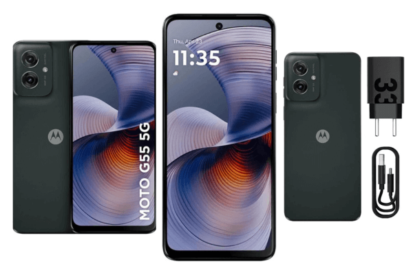 Smartphone Motorola Moto G55 5G com tela grande, câmera dupla e carregador incluso