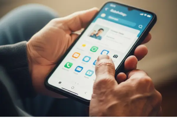 Pessoa idosa usando celular com tela grande e ícones acessíveis no modo fácil